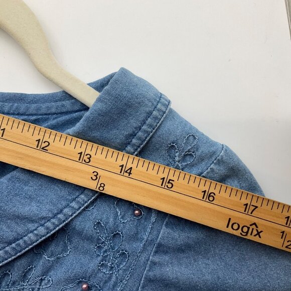 VTG Karin Steven Small Embroidered Denim Maxi Dress Peter Pan Collar Cottage - Picture 6 of 15